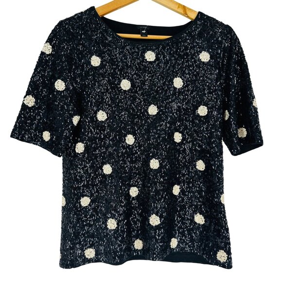 J. Crew Black Ivory Polka Dot Womens Scoop Neck Sequin Top Festive Party Size S - Picture 3 of 9